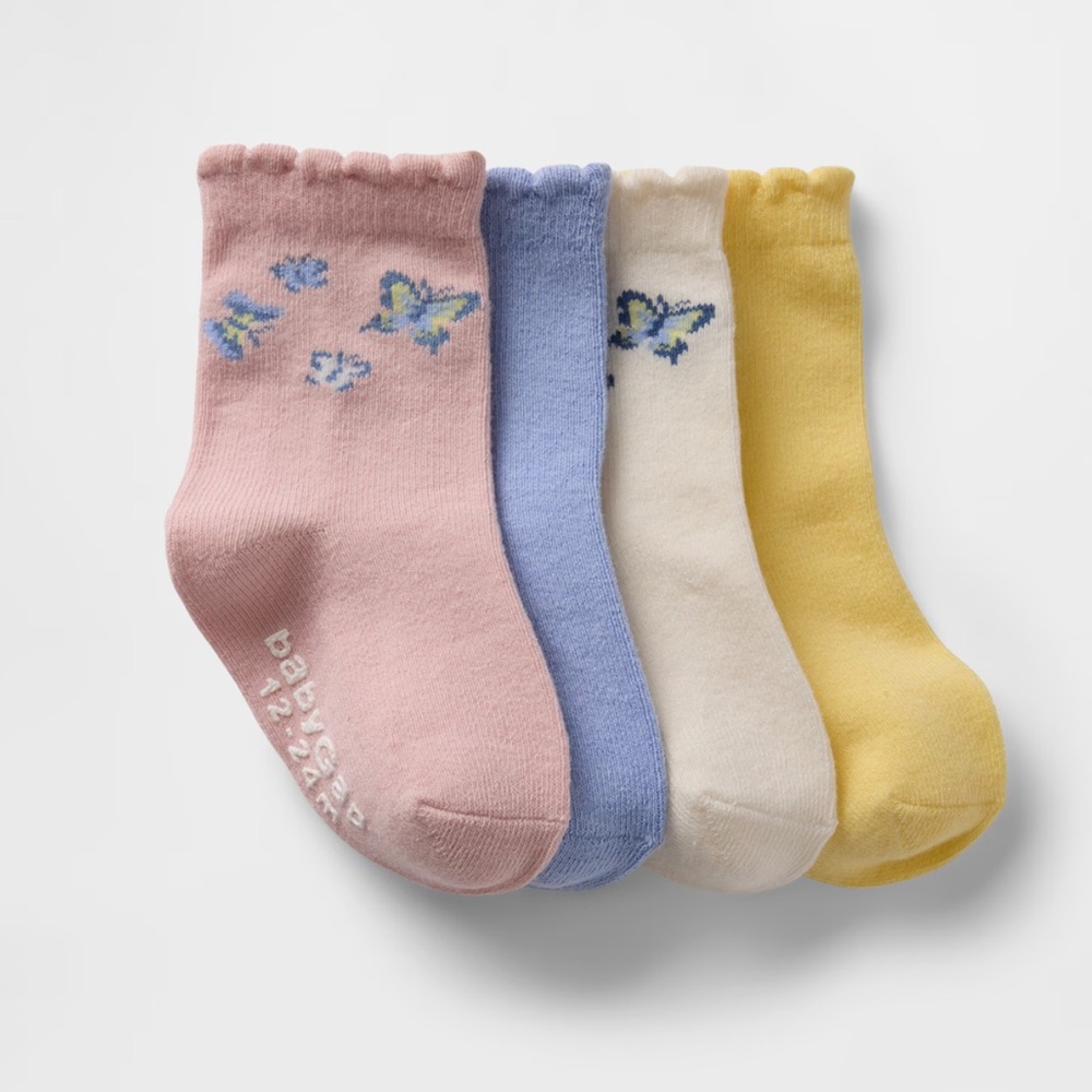 Gap SET OF 4 BUTTERFLY 🦋 CREW SOCKS PINK YELLOW GIRLS 2-3